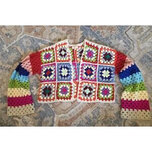 Elan International Rainbow Granny Square Cropped Cardigan Size Small